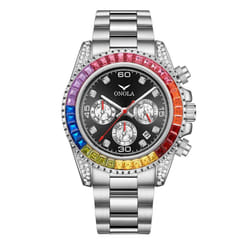 Fashion Rose Gold Business Men&apos;s Watch Rainbow Diamond Watch Ring Waterproof Solid Stainless Steel Strap Men Quartz Watch Chronogr - silver,black