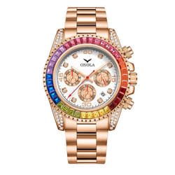 Fashion Rose Gold Business Men&apos;s Watch Rainbow Diamond Watch Ring Waterproof Solid Stainless Steel Strap Men Quartz Watch Chron - rose gold,white