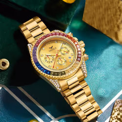 Fashion Rose Gold Business Men&apos;s Watch Rainbow Diamond Watch Ring Waterproof Solid Stainless Steel Strap Men Quartz Watch Chron - rose gold,white