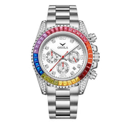 Fashion Rose Gold Business Men&apos;s Watch Rainbow Diamond Watch Ring Waterproof Solid Stainless Steel Strap Men Quartz Watch Chronogr - silver,white