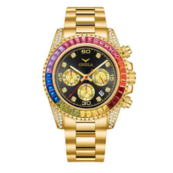 Fashion Rose Gold Business Men&apos;s Watch Rainbow Diamond Watch Ring Waterproof Solid Stainless Steel Strap Men Quartz Watch Chronograp - gold,black
