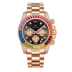 Fashion Rose Gold Business Men&apos;s Watch Rainbow Diamond Watch Ring Waterproof Solid Stainless Steel Strap Men Quartz Watch Chron - rose gold,black
