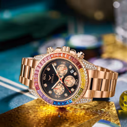 Fashion Rose Gold Business Men&apos;s Watch Rainbow Diamond Watch Ring Waterproof Solid Stainless Steel Strap Men Quartz Watch Chron - rose gold,black