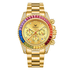 Fashion Rose Gold Business Men&apos;s Watch Rainbow Diamond Watch Ring Waterproof Solid Stainless Steel Strap Men Quartz Watch Chronograph - gold