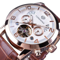 Forsining Men&apos;s Luxury Tourbillon Automatic Mechanical Watch Wave Designdate Display Luminous Hands Water Resistant Fashionable Wrist Wat - brown