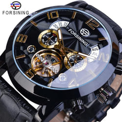 Forsining Men&apos;s Luxury Tourbillon Automatic Mechanical Watch Wave Designdate Display Luminous Hands Water Resistant Fashionable Wris - black,gold