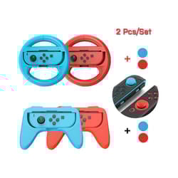 8 in 1 Siwthc Oled Accessories Kit 2 Racing Steering Wheel 2 Handle Grips 4 Analog Caps for Nintendo Switch Joycon Tennis - Red