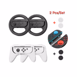 8 in 1 Siwthc Oled Accessories Kit 2 Racing Steering Wheel 2 Handle Grips 4 Analog Caps for Nintendo Switch Joycon Tennis - Red