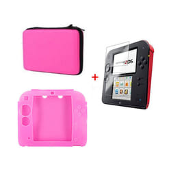 2DS EVA Protector Hard Travel Carry Case cover Pouch bag Clear Touch Film Screen Guard Silicone Case For Nintendo Nintend - Pink 3 in 1