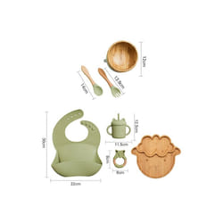Wooden Dinner Plate Feeding Supplies Bamboo Baby Tableware Silicone Suction Plate Bowl BPA Free Baby Stuff Newborn Accessories - 7pcs Green set-03