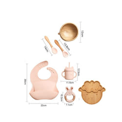Wooden Dinner Plate Feeding Supplies Bamboo Baby Tableware Silicone Suction Plate Bowl BPA Free Baby Stuff Newborn Accessories - 7pcs Pink set-03