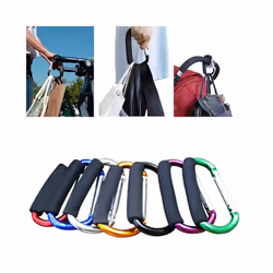 Large Carabiner Stroller Hooks Organizer Aluminum D Ring Spring Snap Keychain Clip Carry Handle for Hanging Purses Shopping - black