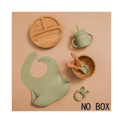 Wooden Dinner Plate Feeding Supplies Bamboo Baby Tableware Silicone Suction Plate Bowl BPA Free Baby Stuff Newborn Accessories - 7pcs Green set-01