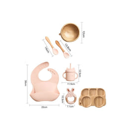 Wooden Dinner Plate Feeding Supplies Bamboo Baby Tableware Silicone Suction Plate Bowl BPA Free Baby Stuff Newborn Accessories - 7pcs Pink set-06