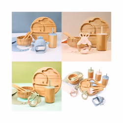 Wooden Dinner Plate Feeding Supplies Bamboo Baby Tableware Silicone Suction Plate Bowl BPA Free Baby Stuff Newborn Accessories - Peach