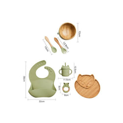 Wooden Dinner Plate Feeding Supplies Bamboo Baby Tableware Silicone Suction Plate Bowl BPA Free Baby Stuff Newborn Accessories - 7pcs Green set-02