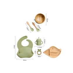 Wooden Dinner Plate Feeding Supplies Bamboo Baby Tableware Silicone Suction Plate Bowl BPA Free Baby Stuff Newborn Accessories - 7pcs Green set-07