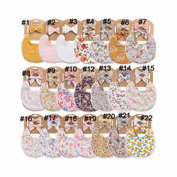 Baby Boys Girls Bibs & Headband Floral PrintS Tassel Dinner Saliva Towel Vintage Double Side Feeding Bibs  Kids Hair Accessories - Red
