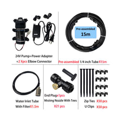 New Quiet Garden Water Mist Spray Electric Electric Diaphragm Pump Kit Greenhouse Irrigation Outdoor Misting Cooling System - 15m brass
