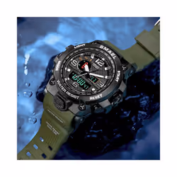 Men Sports Watches Dual Display Analog Digital LED Electronic Quartz Wristwatches Waterproof Swimming Military Watch - Black Silver