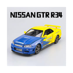 1:32 Nissan GTR R34 GT-R R35 Fast & Furious Alloy Car Model Sound and Light Pull Back Children's Toy - R34 Blue Yellow