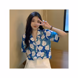 Women's Casual Korean Fashion Loose Buttons Printing Shirt, Youth Short Sleeve, Wild, Popularity, Polo-Neck Flowers, Summer,  ...