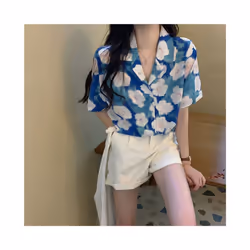 Women's Casual Korean Fashion Loose Buttons Printing Shirt, Youth Short Sleeve, Wild, Popularity, Polo-Neck Flowers, Summer, Ins - Beige, XL