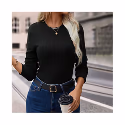 Women's T-Shirts Autumn Simple Knitted Daily Plain Long Sleeve Crew Neck Casual T-Shirts - Black, M