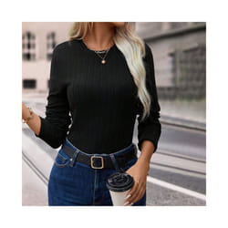 Women's T-Shirts Autumn Simple Knitted Daily Plain Long Sleeve Crew Neck Casual T-Shirts - Black, M