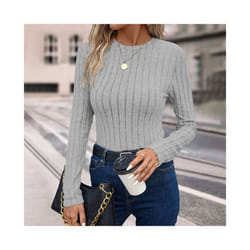 Women's T-Shirts Autumn Simple Knitted Daily Plain Long Sleeve Crew Neck Casual T-Shirts - Grey, S