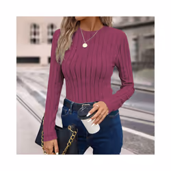 Women's T-Shirts Autumn Simple Knitted Daily Plain Long Sleeve Crew Neck Casual T-Shirts - Rose Red, XL