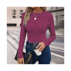 Women's T-Shirts Autumn Simple Knitted Daily Plain Long Sleeve Crew Neck Casual T-Shirts - Rose Red, S