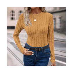 Women's T-Shirts Autumn Simple Knitted Daily Plain Long Sleeve Crew Neck Casual T-Shirts - Yellow Coffee, L