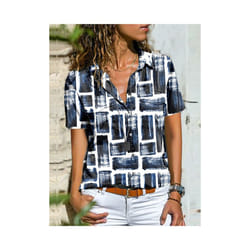 Summer New For Women's Printed Short Sleeved Shirt Fashion Pocket Simple Casual Loose Temperament All Matching Top Female - Khaki, XXL