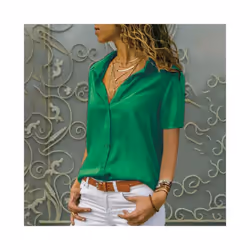 Women Solid White Blouse Tops Office Lady Work Chiffon Button Summer Short Sleeve Yellow Red Female Blouses Shirts Femme - gr ...