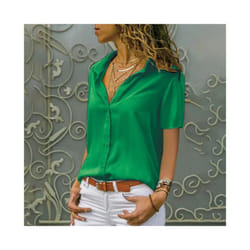 Women Solid White Blouse Tops Office Lady Work Chiffon Button Summer Short Sleeve Yellow Red Female Blouses Shirts Femme - green, S
