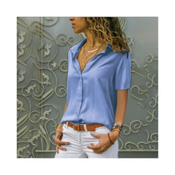 Women Solid White Blouse Tops Office Lady Work Chiffon Button Summer Short Sleeve Yellow Red Female Blouses Shirts Femme - Lake Blue, M