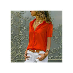 Women Solid White Blouse Tops Office Lady Work Chiffon Button Summer Short Sleeve Yellow Red Female Blouses Shirts Femme - Red, XXXL