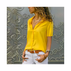 Women Solid White Blouse Tops Office Lady Work Chiffon Button Summer Short Sleeve Yellow Red Female Blouses Shirts Femme - Red, XXXL