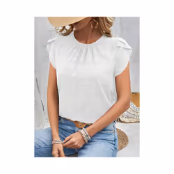 Women's Summer Short Sleeve Shirts Fashion Loose Round Neck Petal Sleeve Tops Solid Color Elegant Women Casual Blouses  New - ...