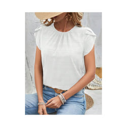 Women's Summer Short Sleeve Shirts Fashion Loose Round Neck Petal Sleeve Tops Solid Color Elegant Women Casual Blouses  New - JTM2512 White, XXL