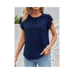 Women's Summer Short Sleeve Shirts Fashion Loose Round Neck Petal Sleeve Tops Solid Color Elegant Women Casual Blouses  New - JTM2512 Navy, M