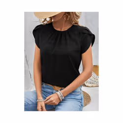 Women's Summer Short Sleeve Shirts Fashion Loose Round Neck Petal Sleeve Tops Solid Color Elegant Women Casual Blouses  New - JTM2512 Navy, M