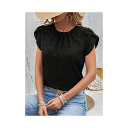 Women's Summer Short Sleeve Shirts Fashion Loose Round Neck Petal Sleeve Tops Solid Color Elegant Women Casual Blouses  New - JTM2512 Black, XL