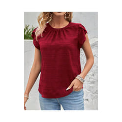 Women's Summer Short Sleeve Shirts Fashion Loose Round Neck Petal Sleeve Tops Solid Color Elegant Women Casual Blouses  New - JTM2512 Red, M