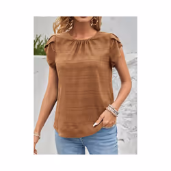 Women's Summer Short Sleeve Shirts Fashion Loose Round Neck Petal Sleeve Tops Solid Color Elegant Women Casual Blouses  New - ...