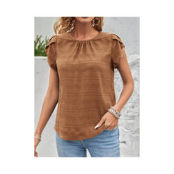 Women's Summer Short Sleeve Shirts Fashion Loose Round Neck Petal Sleeve Tops Solid Color Elegant Women Casual Blouses  New - JTM2512 Khaki, XXL