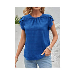 Women's Summer Short Sleeve Shirts Fashion Loose Round Neck Petal Sleeve Tops Solid Color Elegant Women Casual Blouses  New - JTM2512 Blue, L