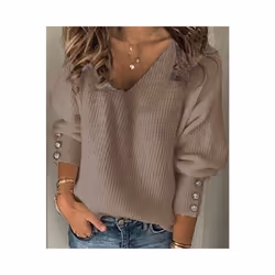 Women's Spring Autumn Loose Long Sleeve Knitted Top Solid V-Neck Knit Sweater T-shirt Pullover Female Tops For Women - Khaki, ...