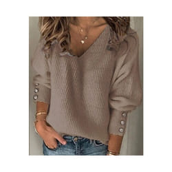 Women's Spring Autumn Loose Long Sleeve Knitted Top Solid V-Neck Knit Sweater T-shirt Pullover Female Tops For Women - Khaki, S